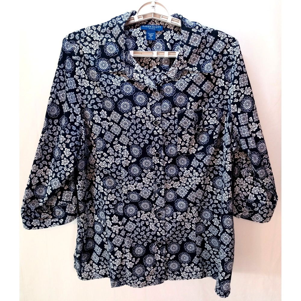 Karen Scott Women's Button Up Roll Tab Sleeve Shirt 1X, Navy, Medallion Paisley
